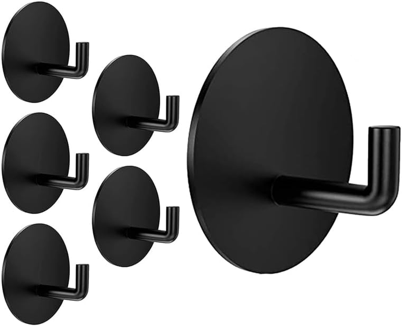 Adhesive Hooks: 6Pcs Black 304 Stainless Steel Single Hooks (Heavy Duty, Waterpr