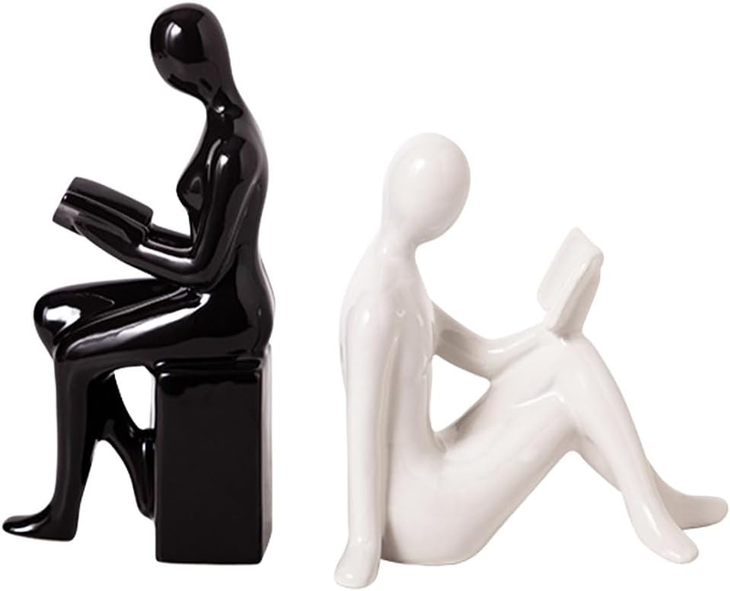 2Pcs Ceramic Book Ends, Reading Figurine Bookends, Decorative Books Stoppers, Mo