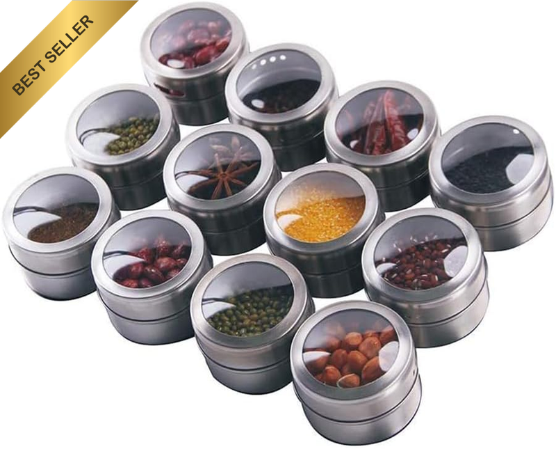 12 Magnetic Spice Tins, Stainless Steel Spice Storage Containers, Kitchen Spice