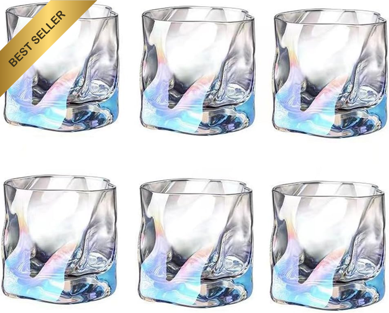 Glass Drinkware Set of 6, Crystal Wave Mug, 6.8Oz Whiskey/Wine/Brandy Tumblers,