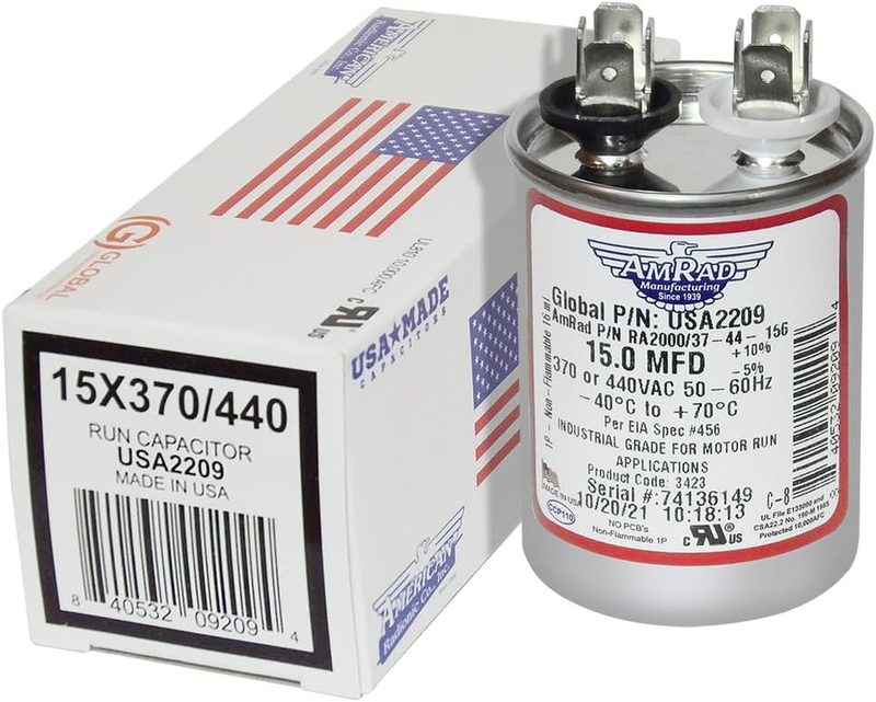 Motor Run Capacitor 15 MFD 370 440 Vac for HVAC Fan Motor
