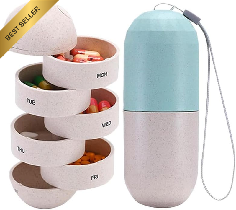 7-Compartment Cereal Capsule Medicine Box – Portable Moisture-Proof Rotating Tra