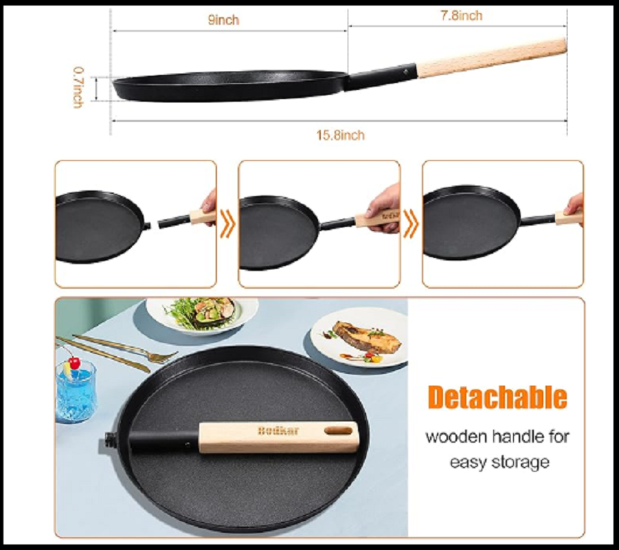 Frying Pan Skillet 8-inch Flat Crepe Pan, Lightweight Grill Pan with Wooden H...