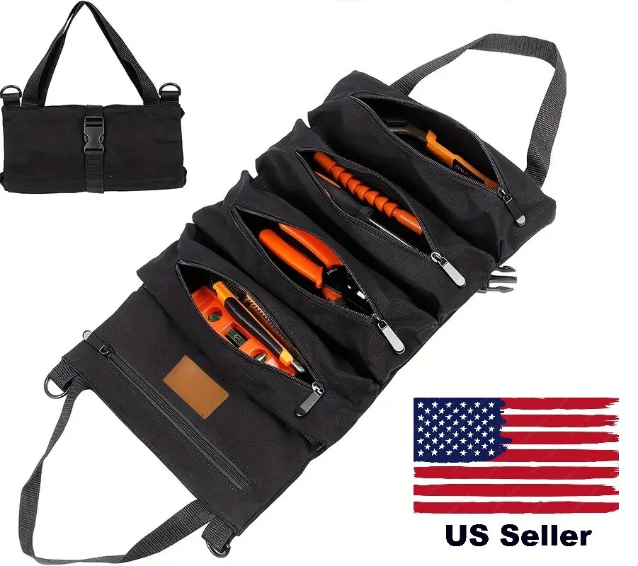 Tool Roll Up Bag Wrench Car Organizer Multi-Purpose 600D Oxford 5 Pockets BLACK