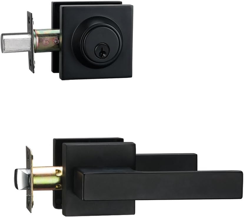 Black Door Handles with Lock, Zinc Exterior Door Lock Set
