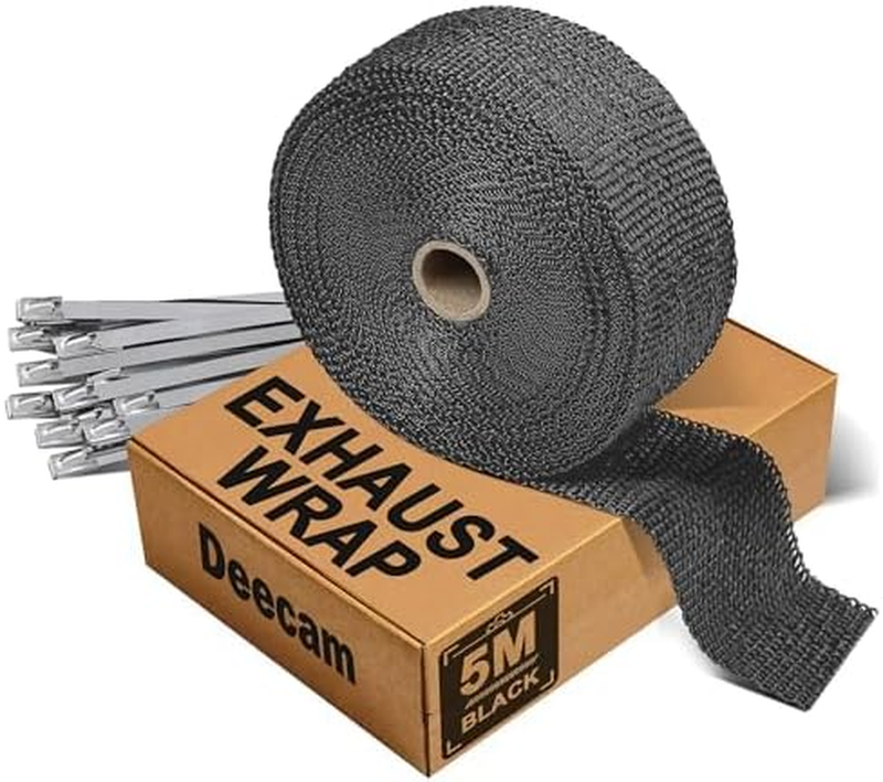 Exhaust Heat Wrap, Car Exhaust Wrap, 5M Black Glass Fiber Thermal Tape with Sta