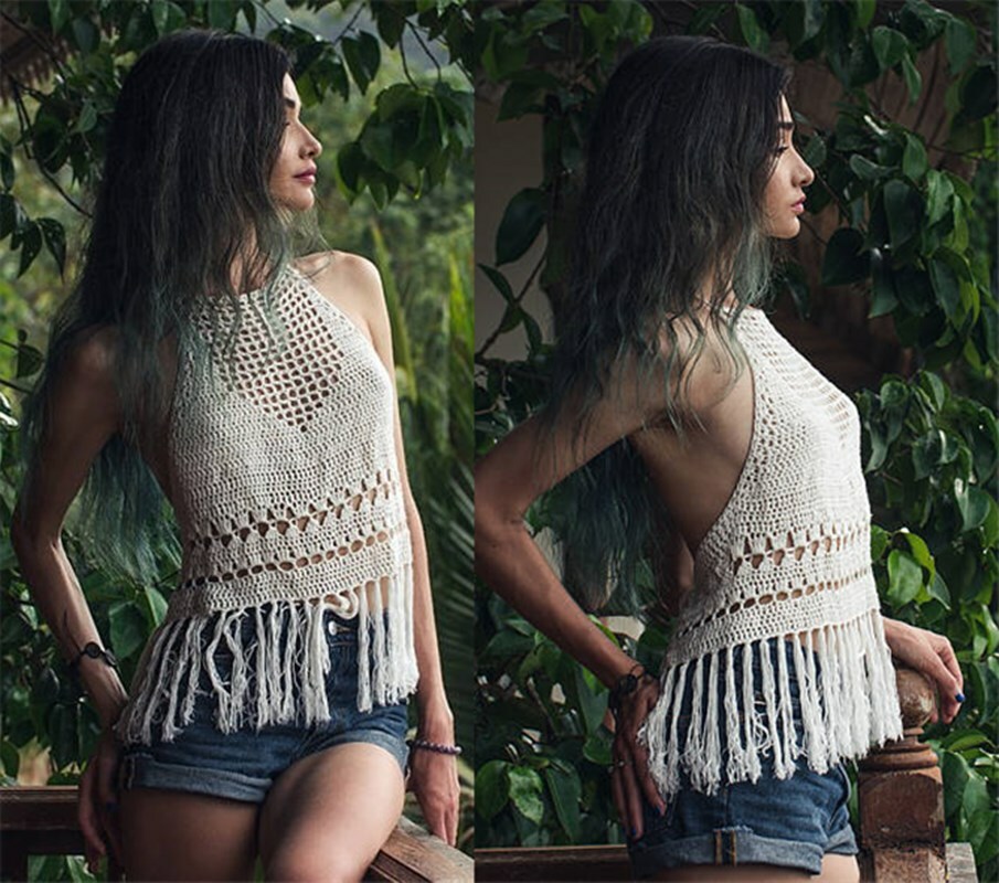 【 BOHEMSEO 】SHIRRING HALTER WARMER T Women's Crochet Crop Top Summer Beachwear Halter Top Boho