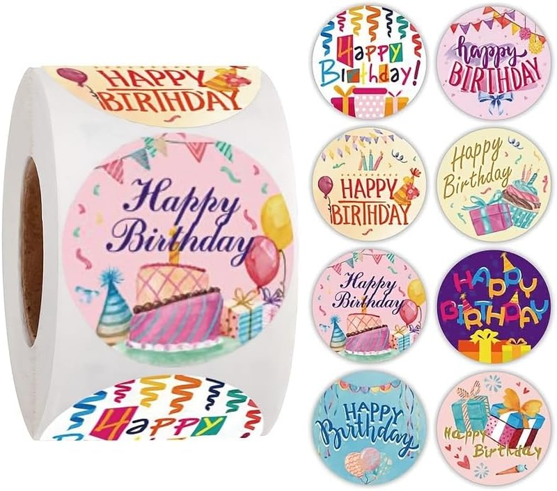 Happy Birthday Sticker Roll 500 Self-Adhesive round Labels Watercolor Party Desi