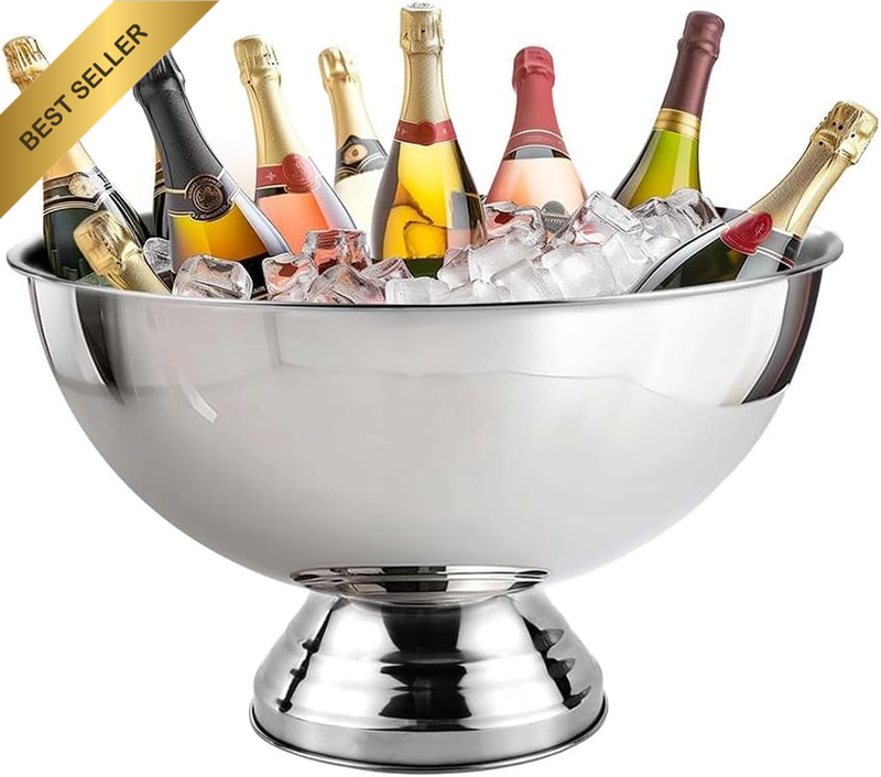 Champagne Punch Bowl, Pedestal Ice Bucket, Freestanding Beverage Chiller with Ba