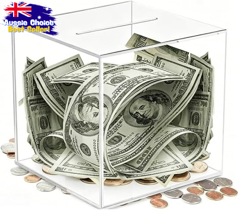 Breakable Acrylic Clear Piggy Bank - Unopenable Coin Bank for Savings, Money Box