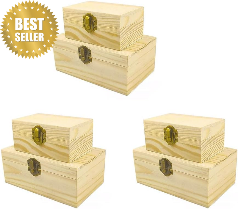 Wooden Storage Boxes with Hinged Lids, 6-Pack Unpainted Wooden Boxes, Vintage Wo