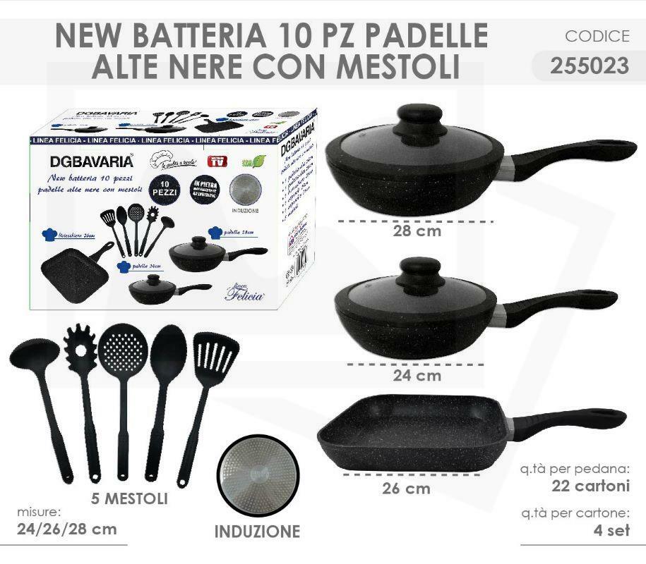 Servizio Set Batteria Padelle 10 Pezzi Alte Nere Con Mestoli Bal