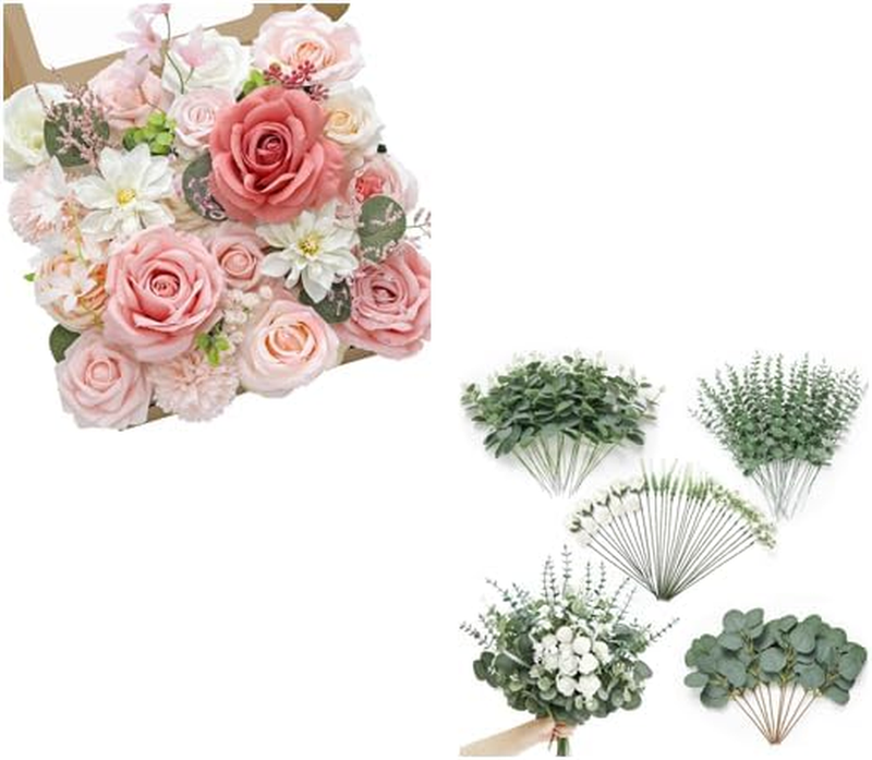 Artificial Pink Flowers Mixed Artificial Eucalyptus Leaves Stems for Wedding Floral Table Centerpieces