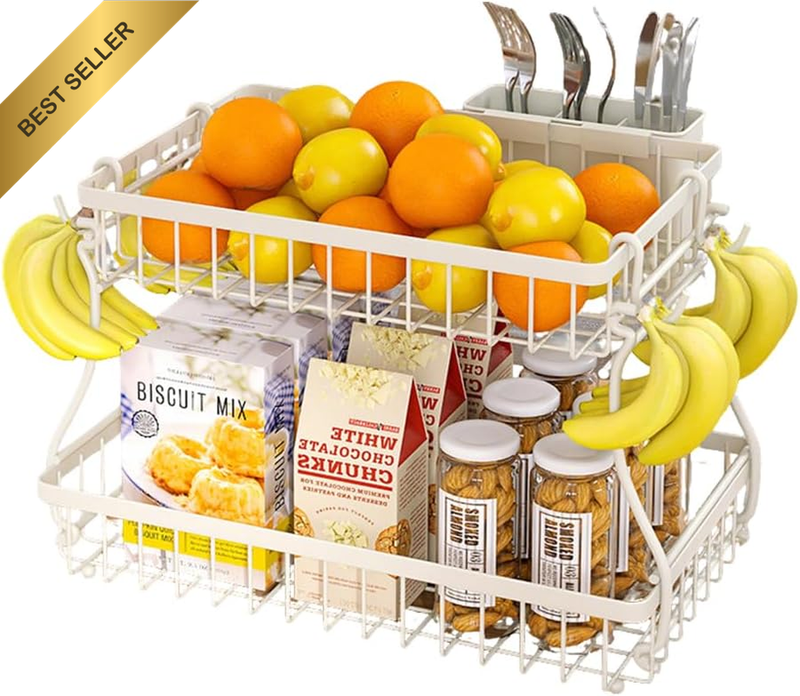 2-Tier Fruit Basket Countertop Detachable Metal Rack with Hooks | Sturdy Rustpro