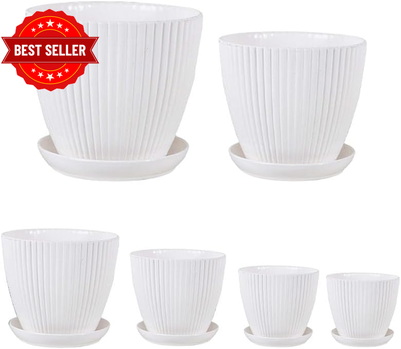 6PCS Vertical Stripes Plastic Flower Pots with Saucer for Indoor & Outdoor Garde