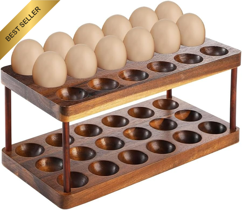 Wooden 2 Tier Egg Storage Holder,Detachable Wooden Tray Holds 36 Fresh Eggs,Stac