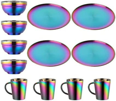 Plate and Bowl Sets, Stainless Steel Rainbow Dishes Bowls Mugs Kitchen Dinnerwar