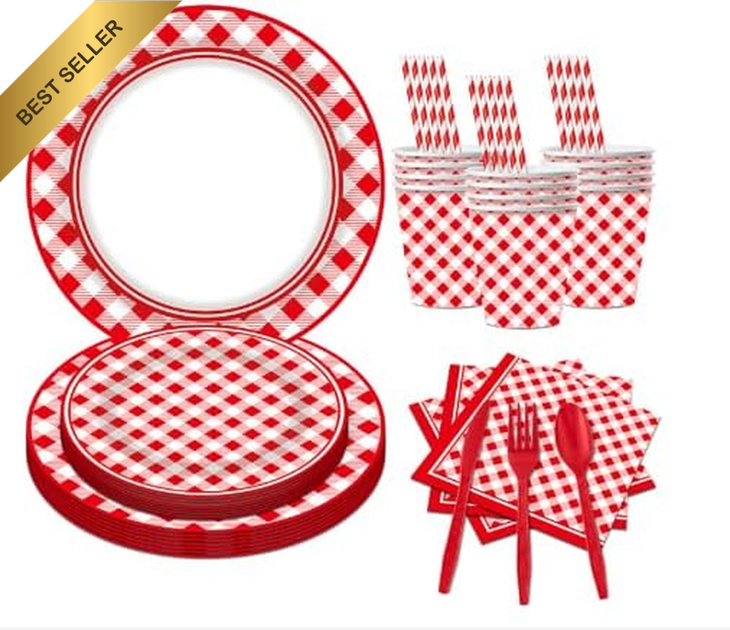 160 Pcs Red White Gingham Party Tableware Set for 20 Guests
