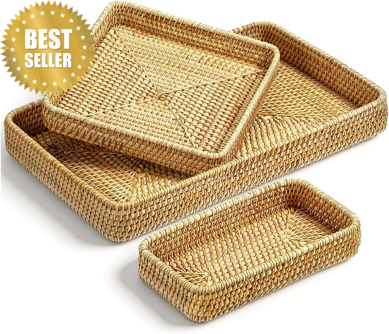 3-Piece Rattan Tray Set, Rectangular Handwoven Tray, Home Decor Tray, Suitable f