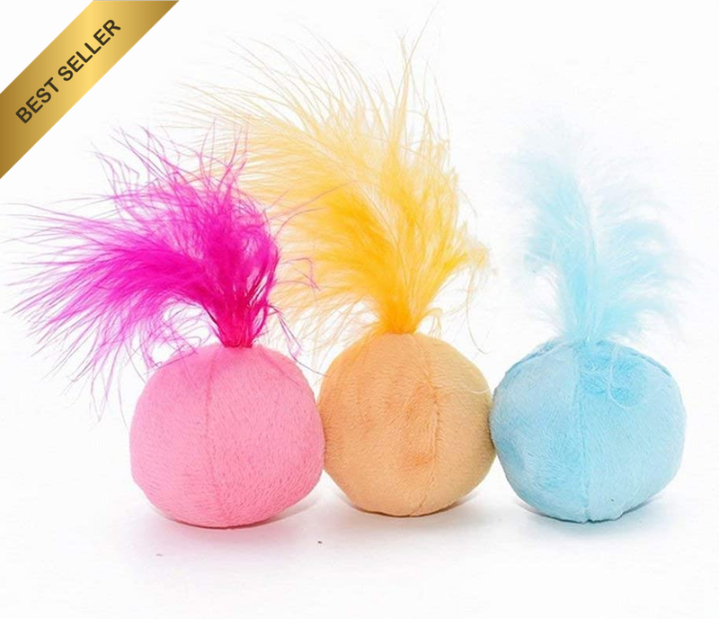 Furry Rattle Ball Cat Toy Feather Catnip Interactive Pom Pom 2 Inch 3 Pack