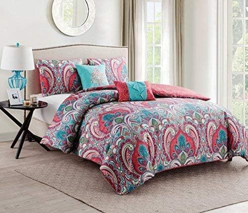 - Full Quilt Set, 5-Piece Bedding with Paisley Reversible Quilt, Chic Home Decor