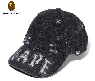 A BATHING APE BAPE DENIM DISTRESSED LOGO CAP Free Size Authentic BLACK with CLIP