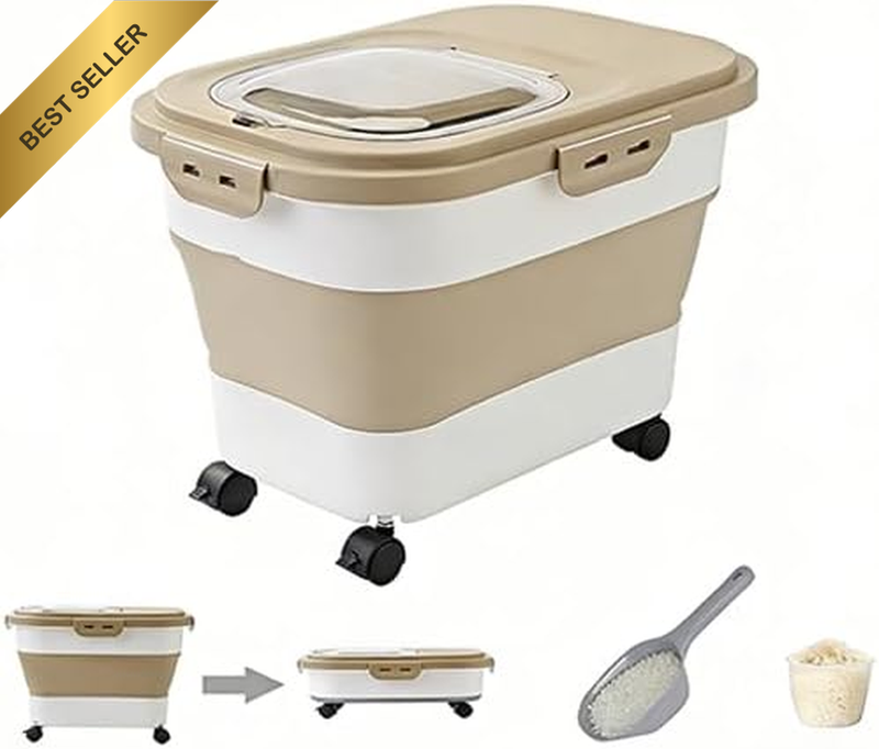 10-16Kg Rice Storage Container,Collapsible Airtight Food Bin with Wheels,Bpa Fre