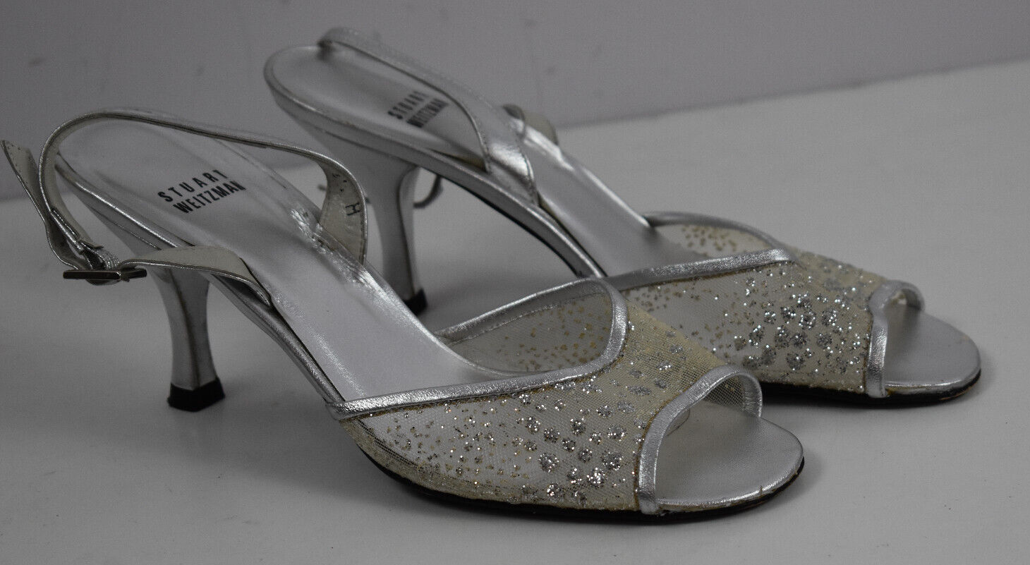 サンダル・ミュール STUART WEITZMAN Women Sandals SJ998 Q24 SILVER Stuart Weitzman Sz 6.5 M Silver Gray Shimmer Mesh Sandals