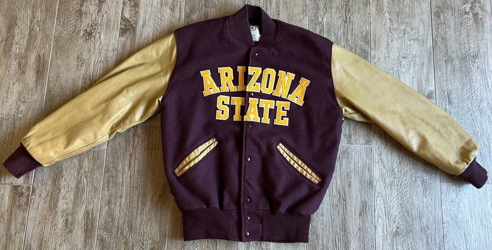 DELONG ARIZONA STATE ASU EMBROIDERED LETTER JACKET WOOL WITH LEATHER SLEEVES-MD