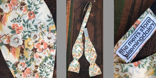VTG BLOOMINGDALE'S MEN'S STORE ALL COTTON BOW TIE FLOWERED ORANGE YELLOW EUC