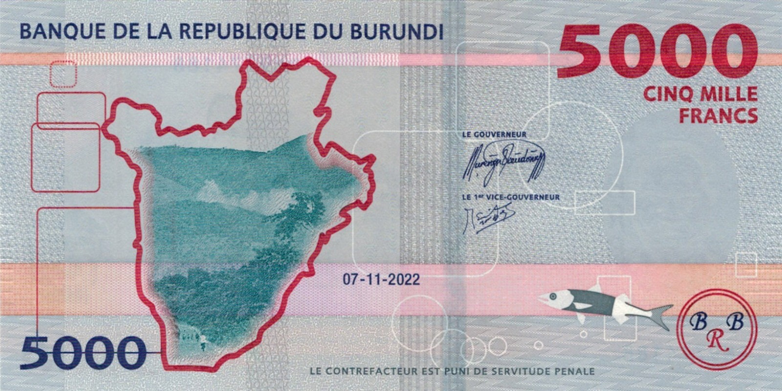 Burundi 5000 Francs 07.11.2022 - Drummers/Water Buffalo/p-58, B244 UNC