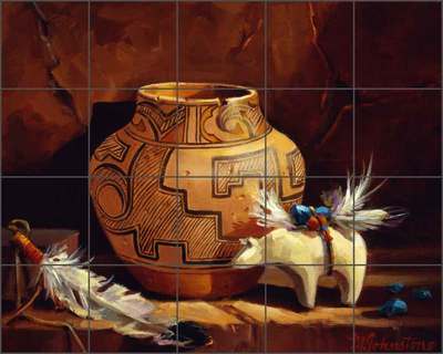 Ceramic Tile Mural Backsplash Johnston Southwest Zuni Pot Bear Art RW-MJA018