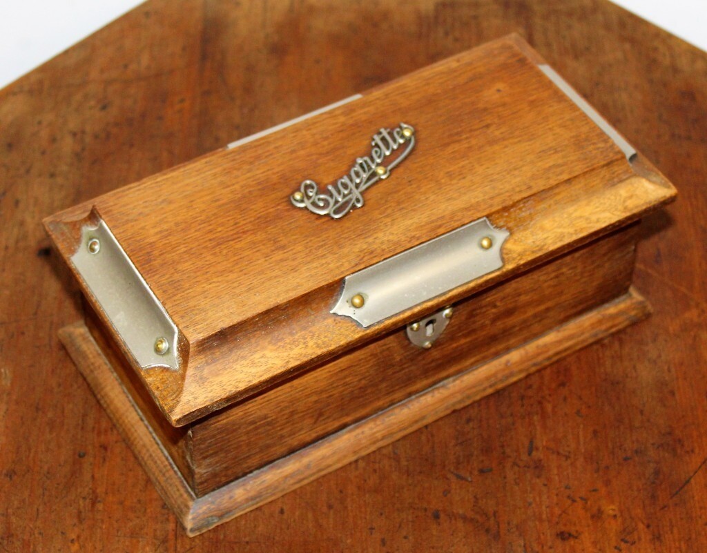 Art Deco cigarettes oak antique box vintage haberdashery wooden desk