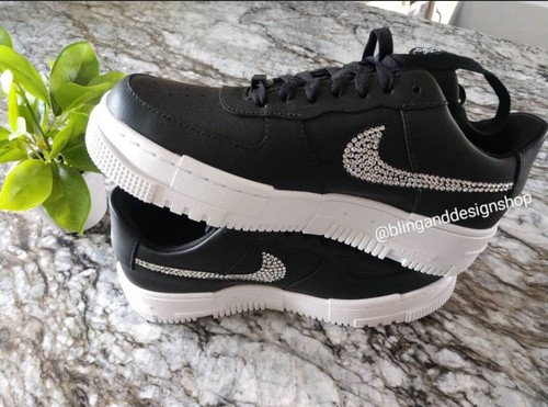 Pre-owned Swarovski Womens Nike Air Force 1 Pixel Black Sneakers Shoes Made With  Crystals