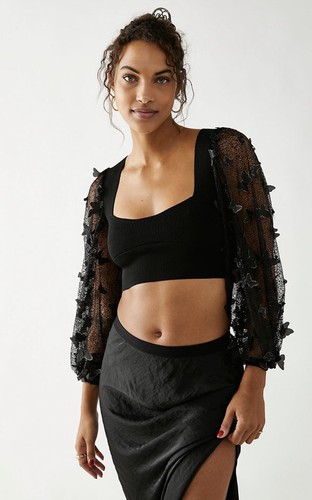 Укороченный бандажный топ Free People Flutter с сетчатыми рукавами и 3D-бабочками S