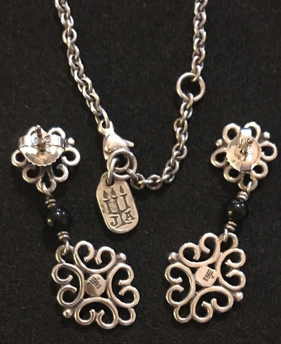 JAMES AVERY RETIRED ONYX FILIGREE NECKLACE & EARRINGS SET STERLING SILVER
