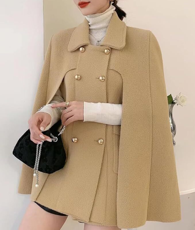 Women's Elegant Poncho Double-Breast Slit Sleeve Flowy Wool Blend Cape Cloak Coa