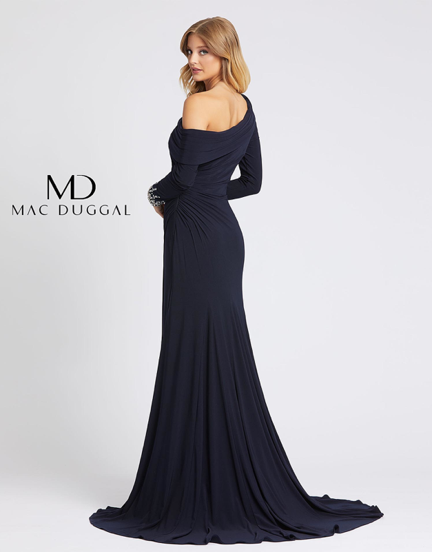 Pre-owned Mac Duggal ?  12231m Midnight Off The Shoulder Asymmetric Jersey Beaded Gown 14