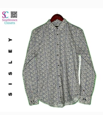 Sisley Slim Fit Taupe and Blue Floral Print Button Up, Medium and 100% Cotton. 