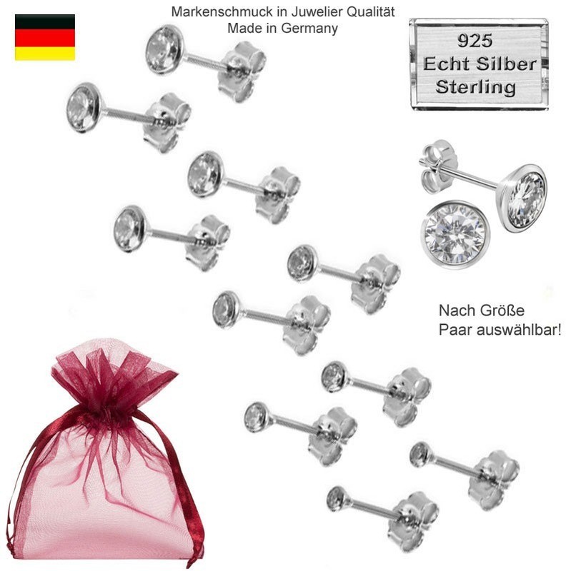Paar Ohrstecker Echt 925 Silber Zirkonia Damen Herren Kinder Schmuck Neu 1082 ð