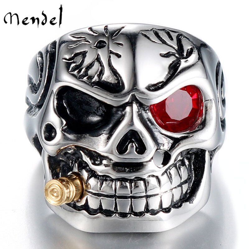 MENDEL Goth Mens Biker Punk CZ Smoking Skull Ring Men Stainless Steel Size 7-15