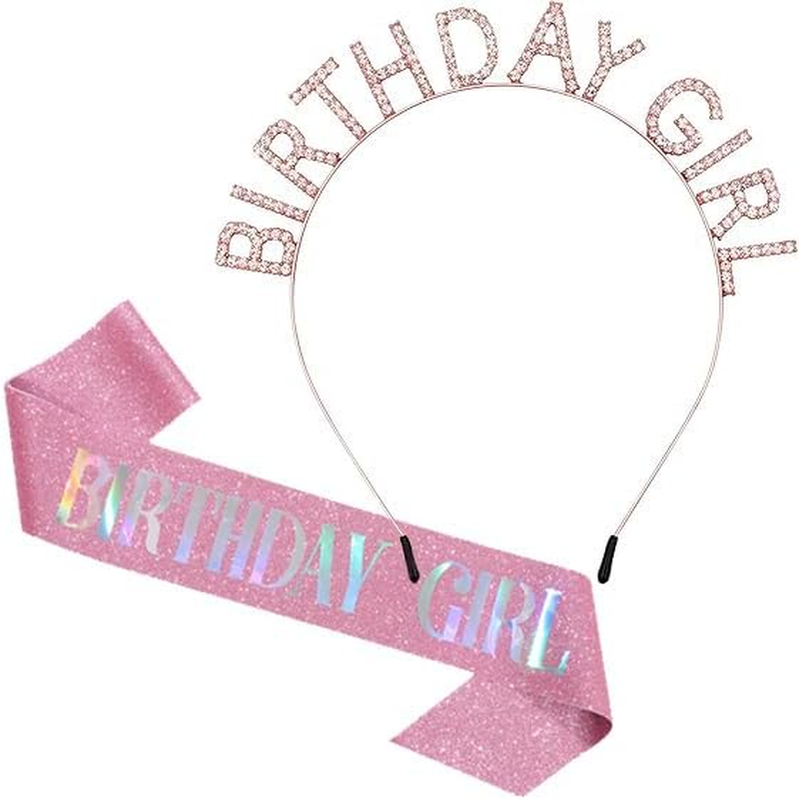 2 Pcs Birthday Crown and Sash Set for Women - Glitter Birthday Girl Sash, Pink R