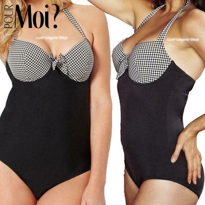 Pour Moi Checkmate Halter Swimsuit Costume Wired Padded Black White 34D UK 12