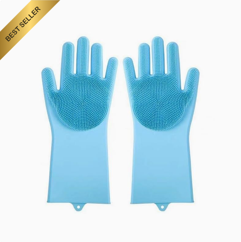 1Pair Silicone Dishwashing Gloves with Wash Scrubber, Reusable, Blue Rubber Glov