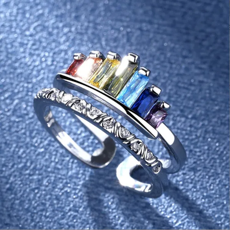 New Micro-Inlaid Zircon Rainbow Crown Ring Female Fashion Opening Adjustable Index Finger Joint Ring