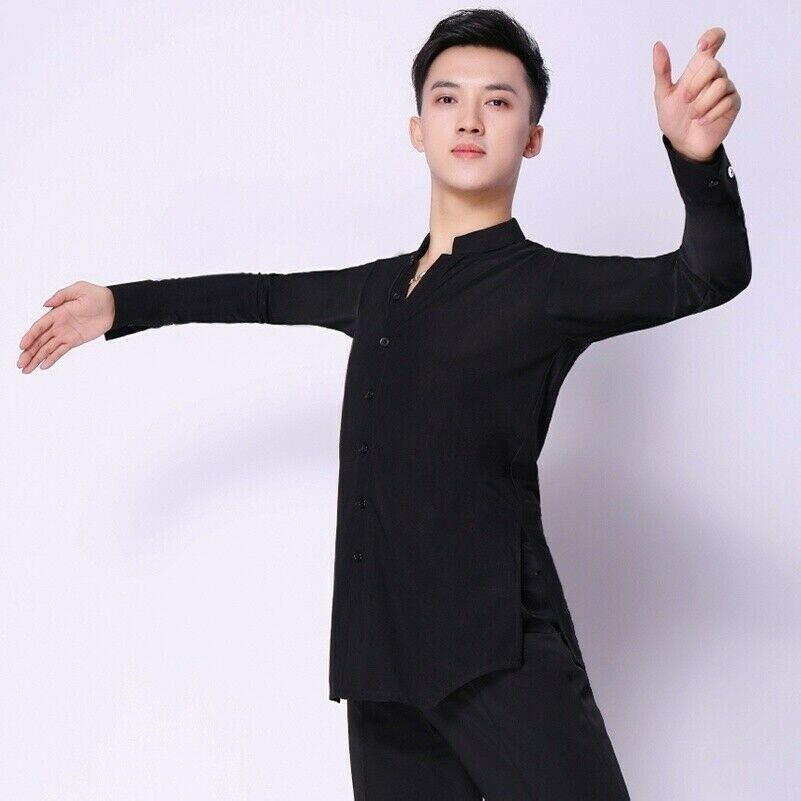 Men Latin Dance Shirt Top Ballroom Modern Salsa Stretch Long Sleeve White