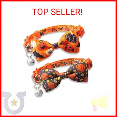 2 Pack Halloween Cat Collar with Bow Tie and Bell, Holiday Pumpkin Candy Corn Co