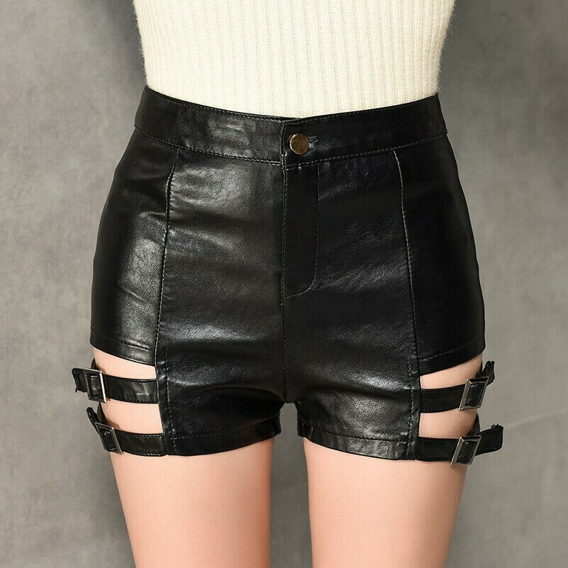 Damen Hotpants Kurz PU Leder Hohe Taille Slim Skinny Club Tanzbekleidung Schwarz