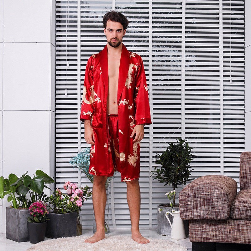 Men Kimono Bathrobe Silk Satin Pajamas Sleepwear Nightwear Gown + Shorts