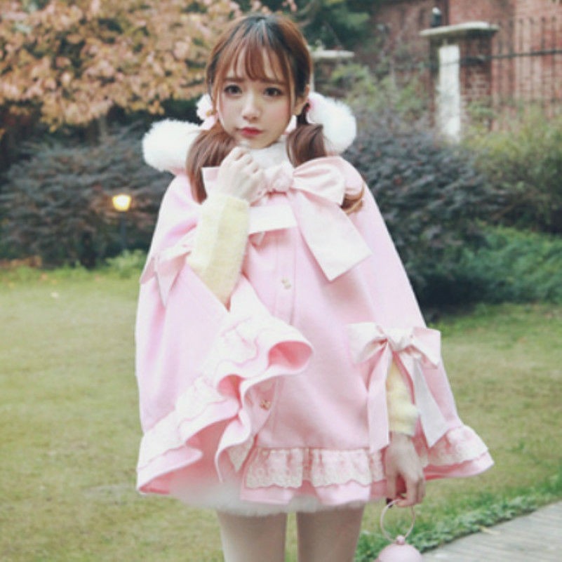 Femmes Filles Cape Manteau Japonais Lolita à Capuche Ébouriffé Noeud Veste Cape